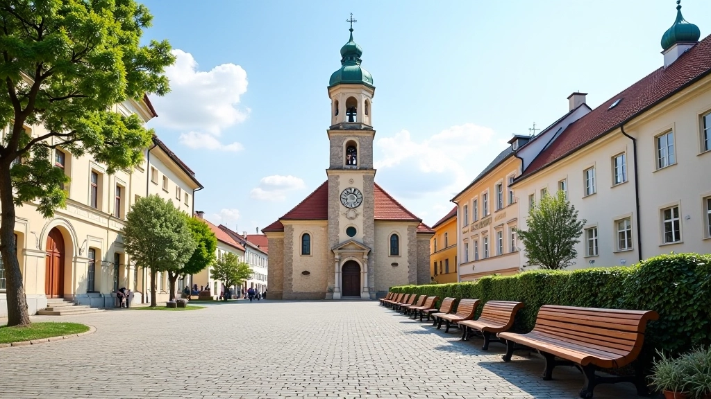 Stone church with bell tower viewed from a quiet Old Town plaza with benches