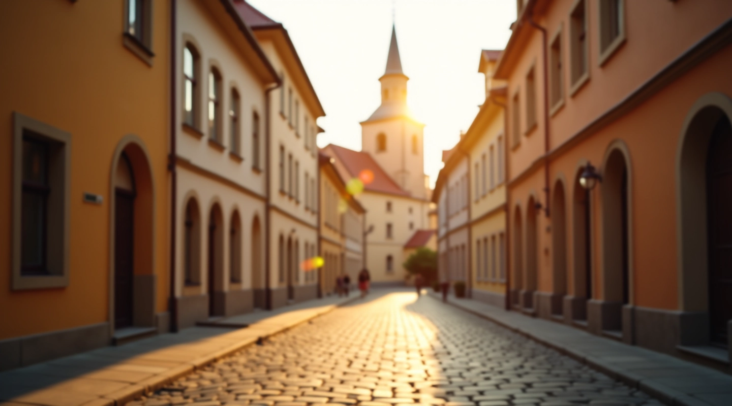 Medieval cobblestone streets of Vilnius Old Town with historic buildings and cathedral