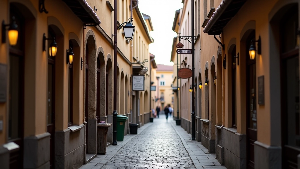 Narrow street with artist workshops, painted storefronts, and hanging lanterns between historic stone buildings