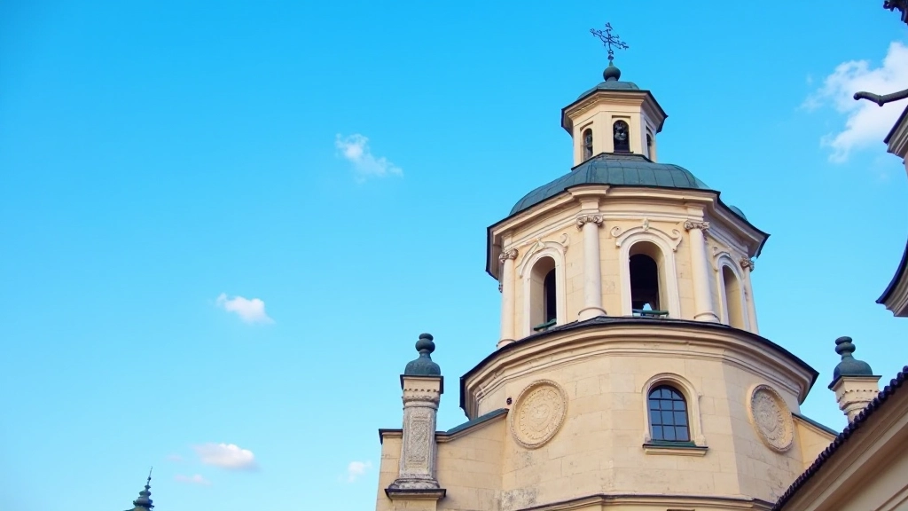 Exterior view of ornate church dome and bell tower against blue sky, architectural details visible