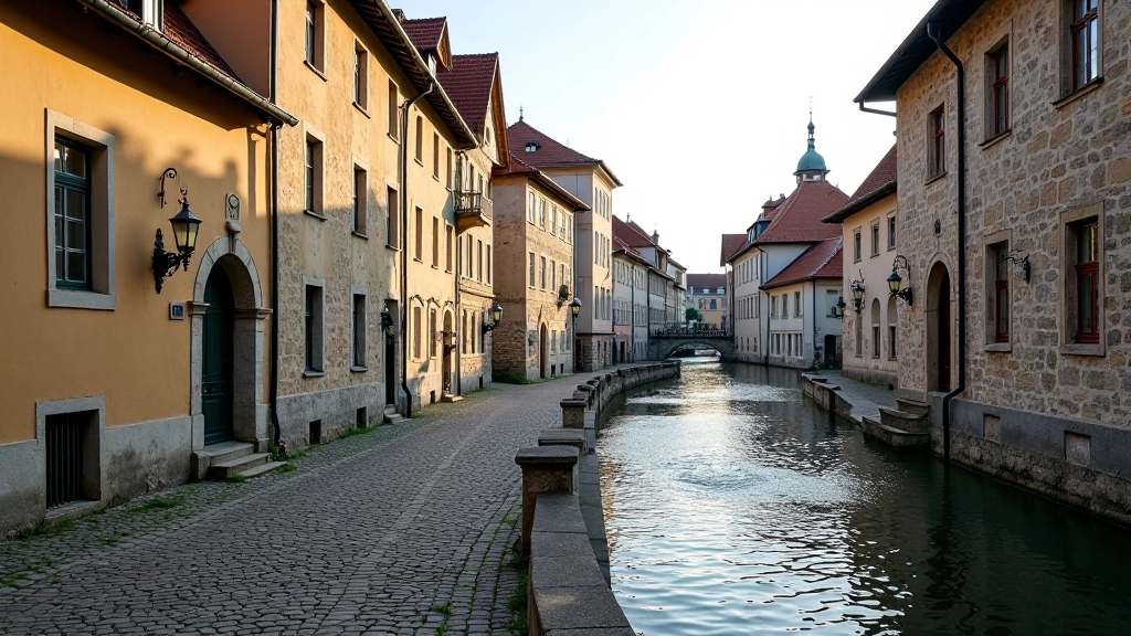 Cobblestone riverside walkway in Vilnius Old Town with historic stone buildings reflected in water