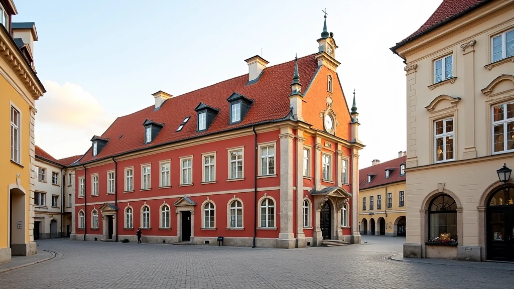 Historic Town Hall building in Vilnius with red brick facade and white stone details, afternoon light casting long shadows on cobblestone square