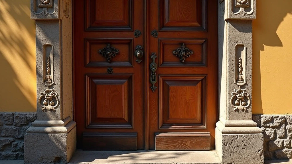 Historic Renaissance doorway with ornate stone carving and weathered wooden door in Old Town Vilnius