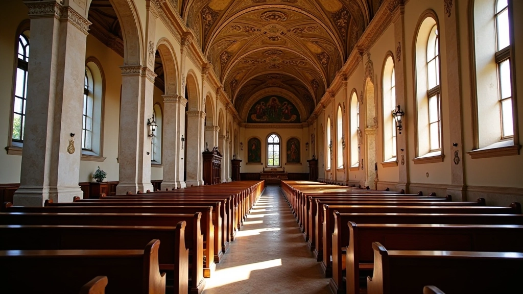 Interior of historic church in Vilnius with ornate ceiling, wooden pews, and religious artwork, soft natural light through windows