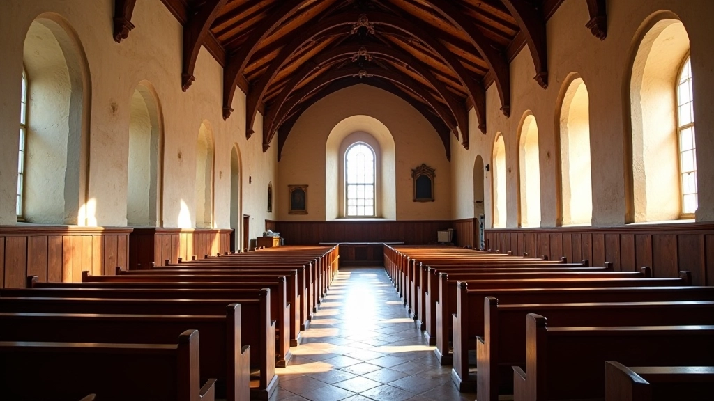 Interior of historic church with tall wooden beams, rows of wooden pews, and soft light from windows