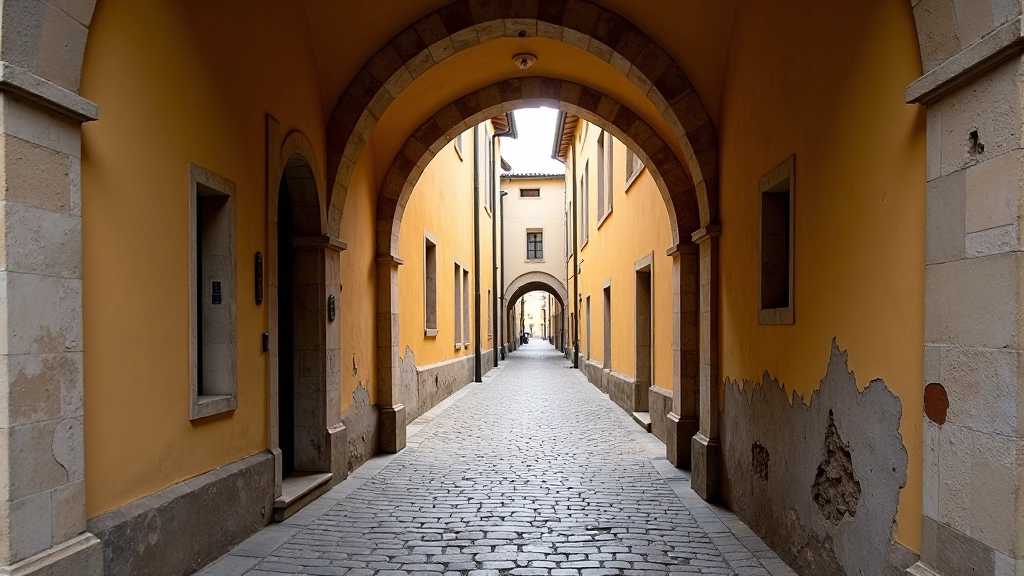 Stone archway and narrow passageway connecting medieval streets in Vilnius Old Town with weathered historic walls and small window openings