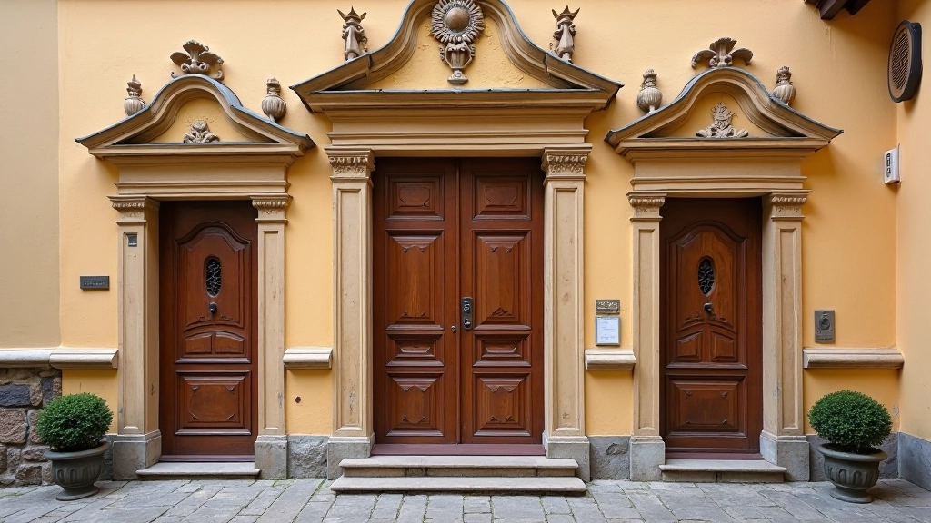 Museum entrance with painted Renaissance facade, ornate window frames, and cobblestone courtyard in front