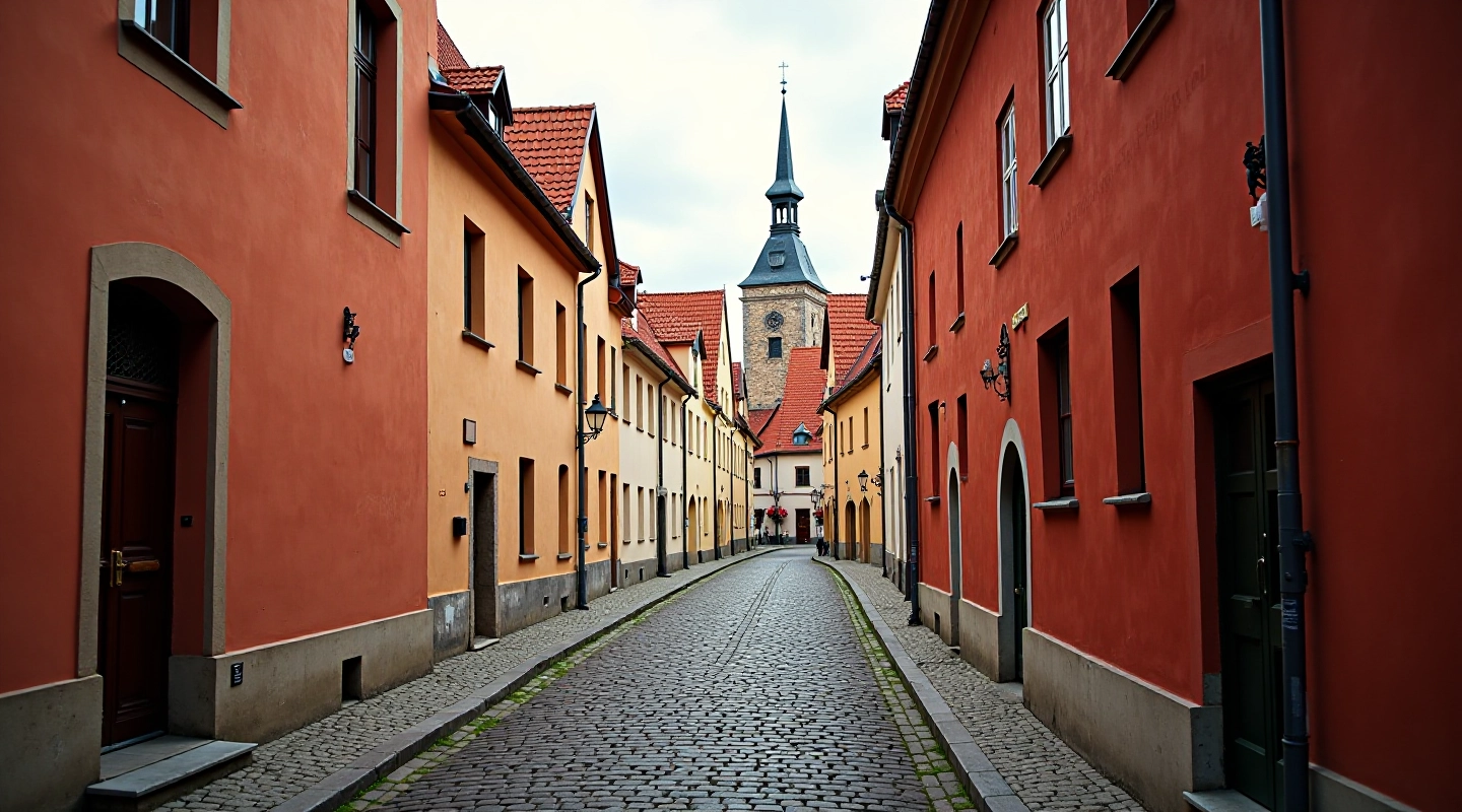 Cobblestone street in Vilnius Old Town lined with historic buildings and church towers in background