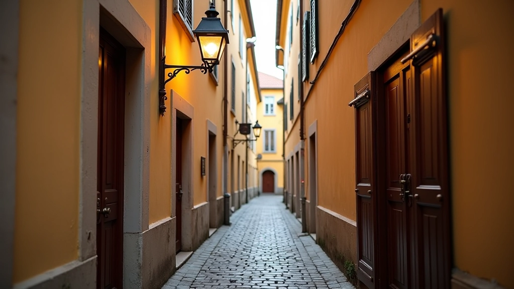 Narrow alleyway with vintage street lamps and historic doorways in Vilnius Old Town