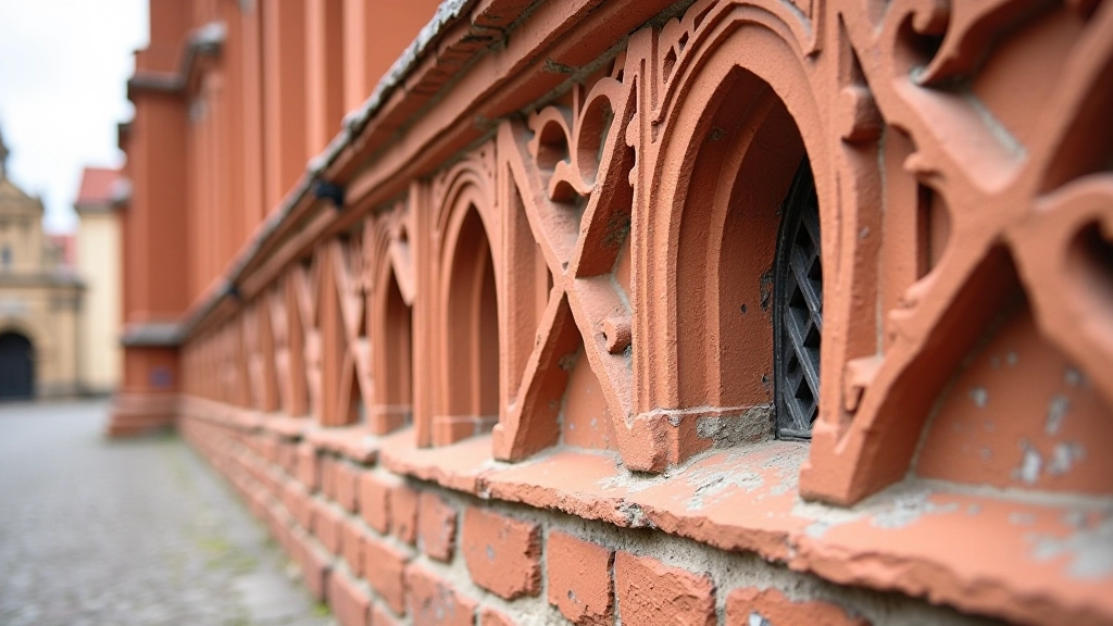 Close-up of ornate Gothic brick patterns on historic church exterior wall in Old Town