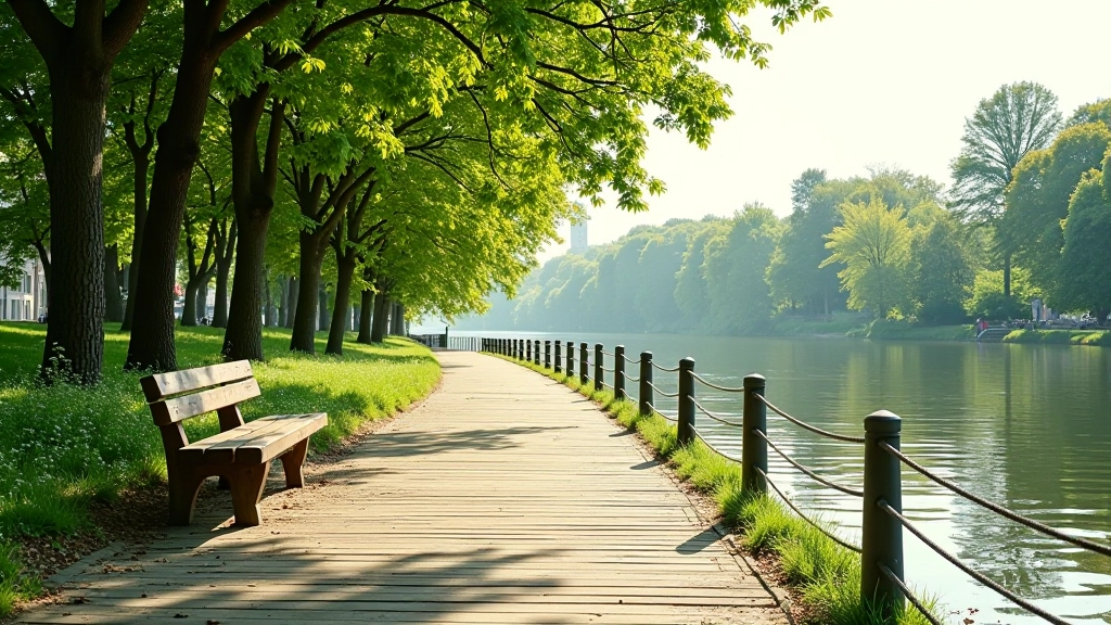 Peaceful riverside path with benches overlooking water, tree-lined embankment in morning light