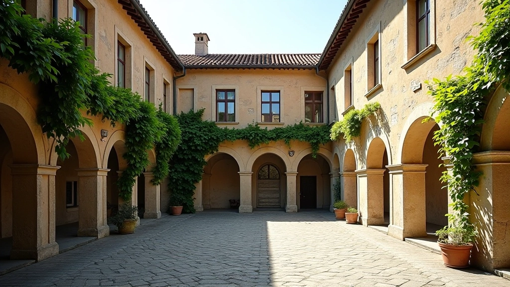 Courtyard with historic Renaissance buildings, arched windows, and ivy-covered stone walls with weathered texture