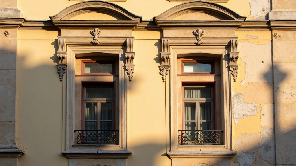Historic Renaissance building detail with decorative stone molding, tall windows, and weathered stucco facade