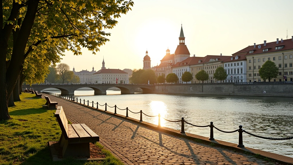 Scenic overlook point along riverside with benches and view of historic city buildings across the water