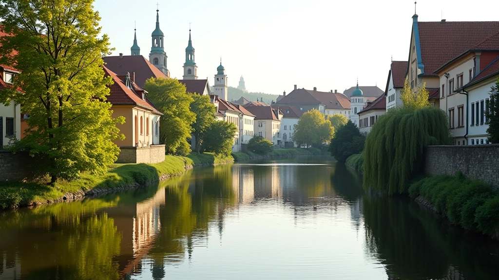 Vilnia River with historic Old Town buildings and church spire reflected in calm water