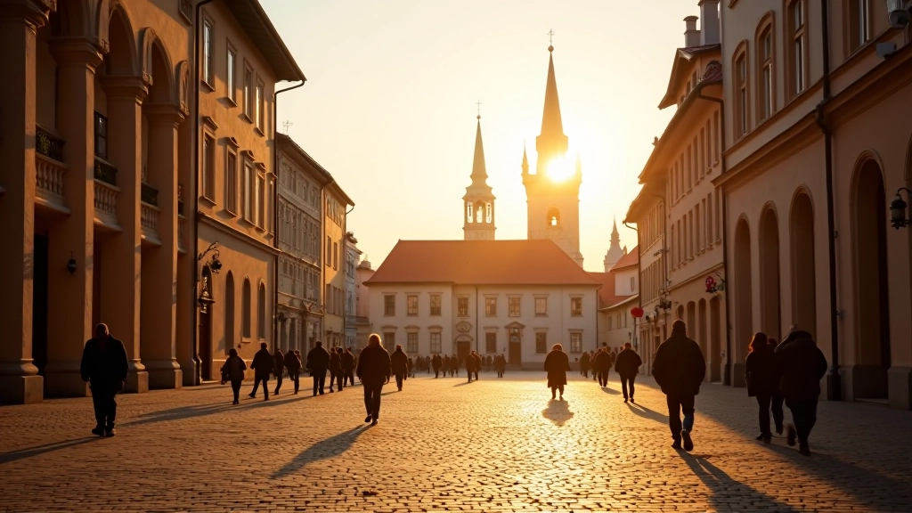 Cathedral Square in Vilnius during golden hour with long shadows on cobblestones, historic buildings and church spire in background