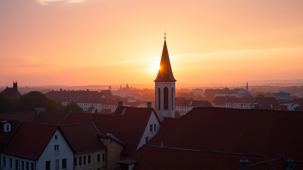 Sunset view over Vilnius Old Town rooftops with cathedral spire silhouetted against orange and pink sky, historic tile roofs in foreground