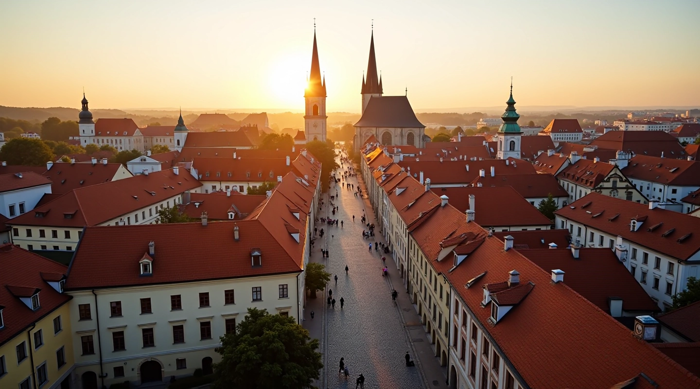 Panoramic view of Vilnius Old Town with cathedral spires rising above medieval rooftops and stone buildings