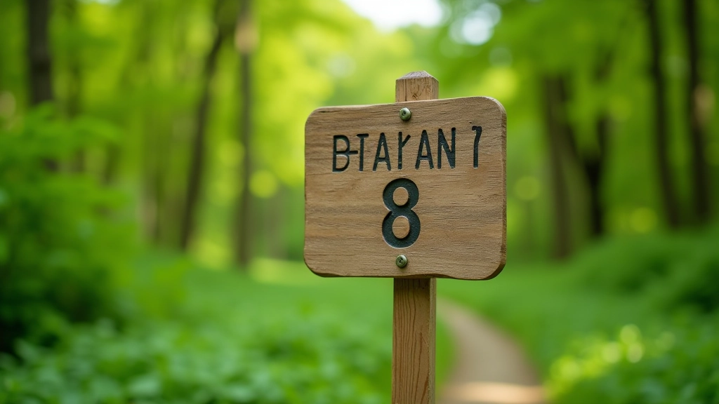 Walking trail sign and distance marker in a natural park setting with green vegetation